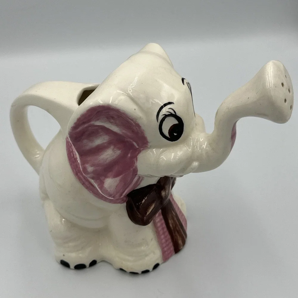 VTG Ceramic Elephant Watering Pitcher Jug Planter Pink Bow Cute Sprinkler‎ Spout